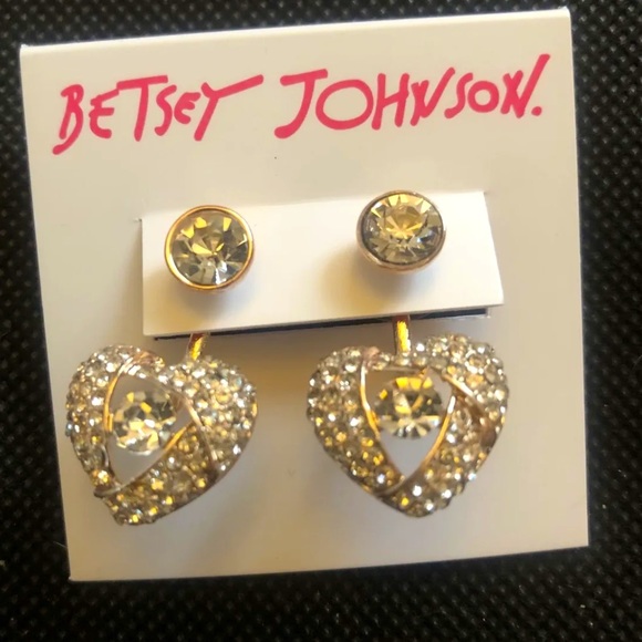 Betsey Johnson Rose Gold Tone Heart Front Back Crystal Encrusted Drop Earrings - Picture 2 of 10